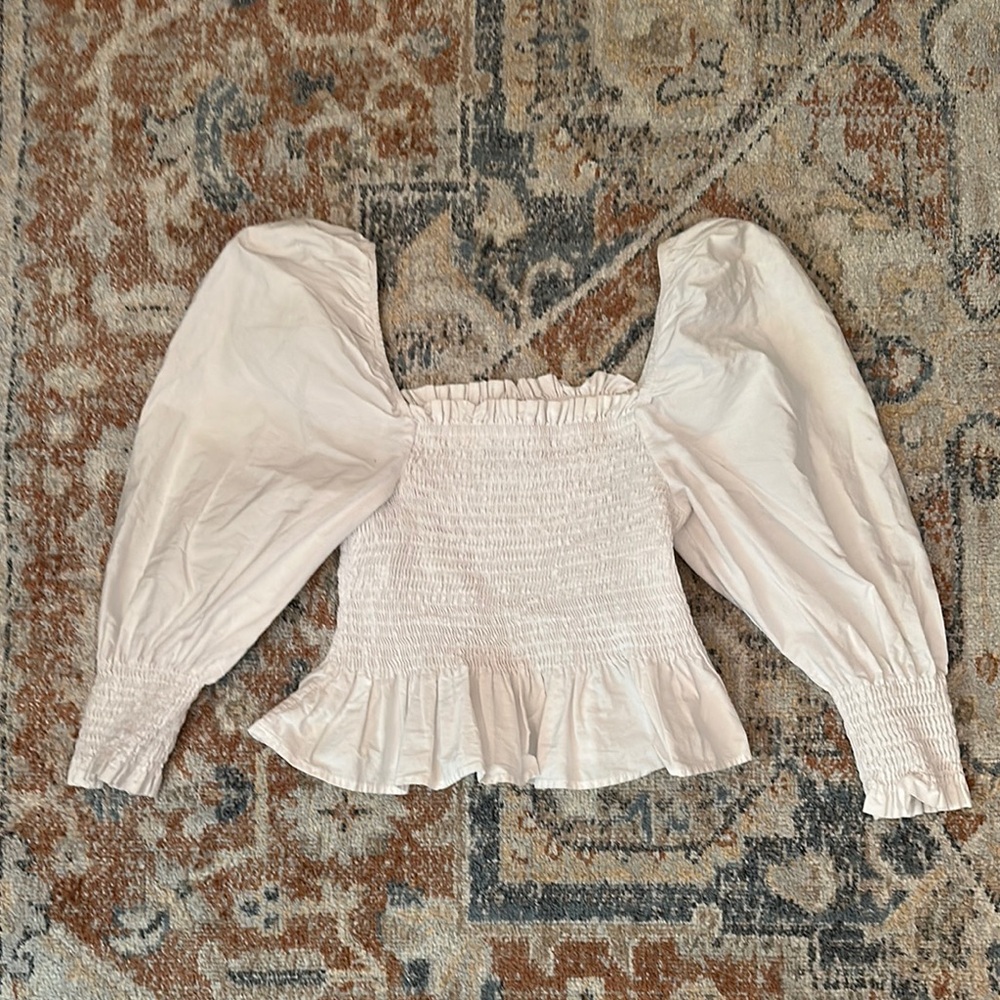 Zara Cream Puff Sleeve Smocked Blouse